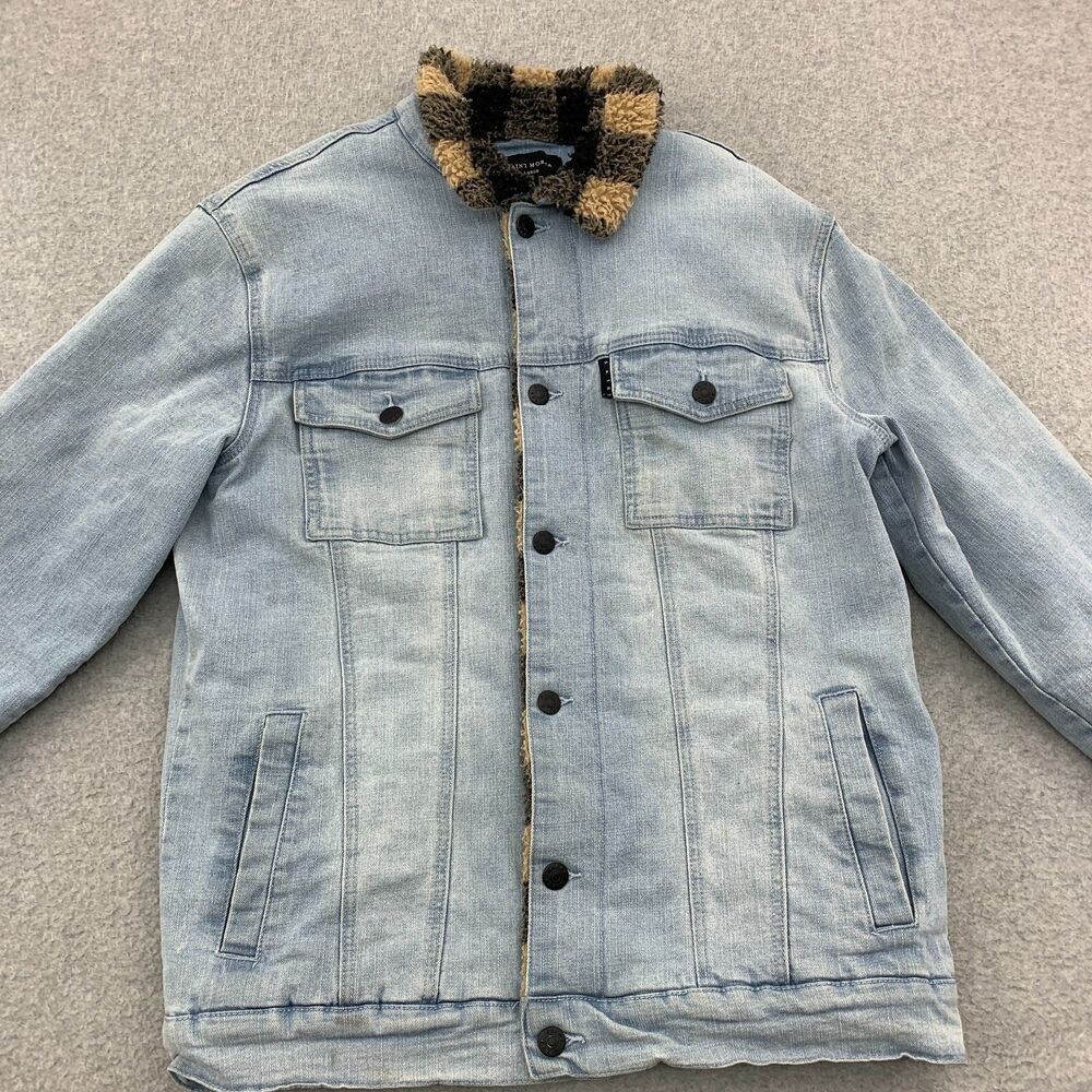 Saint Morta Denim Trucker Jacket Mens Large Tartan Plaid Sherpa Lined Fade Jean